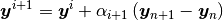 \bm{y}^{i+1} = \bm{y}^{i} + \alpha_{i+1} \left(\bm{y}_{n+1} - \bm{y}_n\right)