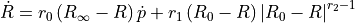 \dot{R}=r_{0}\left(R_{\infty}-R\right)\dot{p}+r_{1}\left(R_{0}-R\right)\left|R_{0}-R\right|^{r_{2}-1}\label{eq:R}