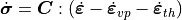 \dot{\bm{\sigma}}=\boldsymbol{C}:\left(\dot{\bm{\varepsilon}}-\dot{\bm{\varepsilon}}_{vp}-\dot{\bm{\varepsilon}}_{th}\right)
