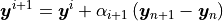 \bm{y}^{i+1} = \bm{y}^{i} + \alpha_{i+1} \left(\bm{y}_{n+1} - \bm{y}_n\right)