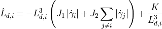 \dot{L}_{d,i} = -L_{d,i}^3 \left( J_1 \left| \dot{\gamma}_i \right| + J_2 \sum_{j \ne i} \left| \dot{\gamma}_j \right|   \right) + \frac{K}{L_{d,i}^3}