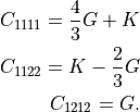 C_{1111} = \frac{4}{3} G + K
C_{1122} = K - \frac{2}{3} G
C_{1212} = G.