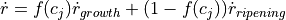 \dot{r} = f(c_j) \dot{r}_{growth} + (1-f(c_j)) \dot{r}_{ripening}